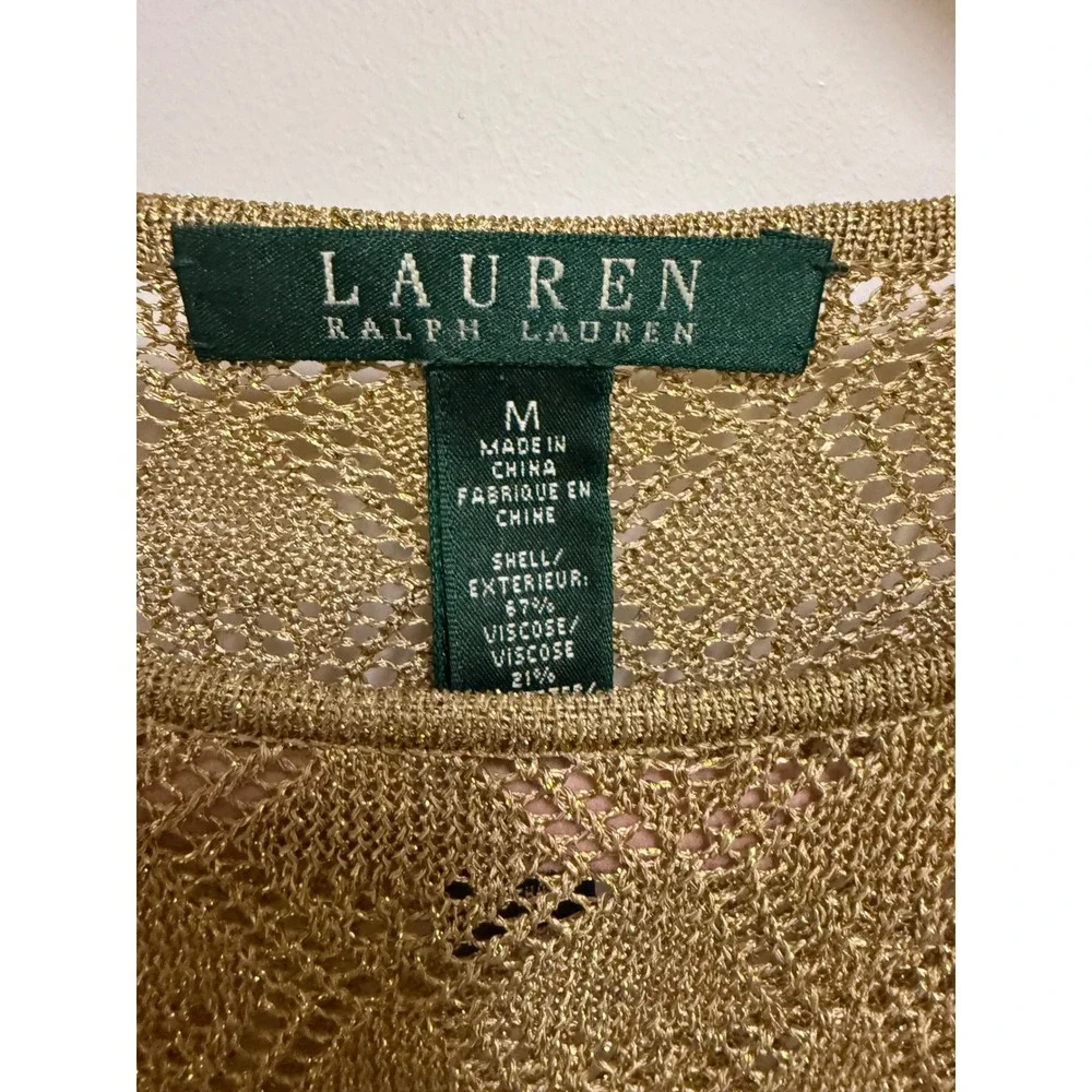 Lauren Ralph Lauren‎ Gold Metallic Pointelle Knit Crochet Sweater Top Womens M